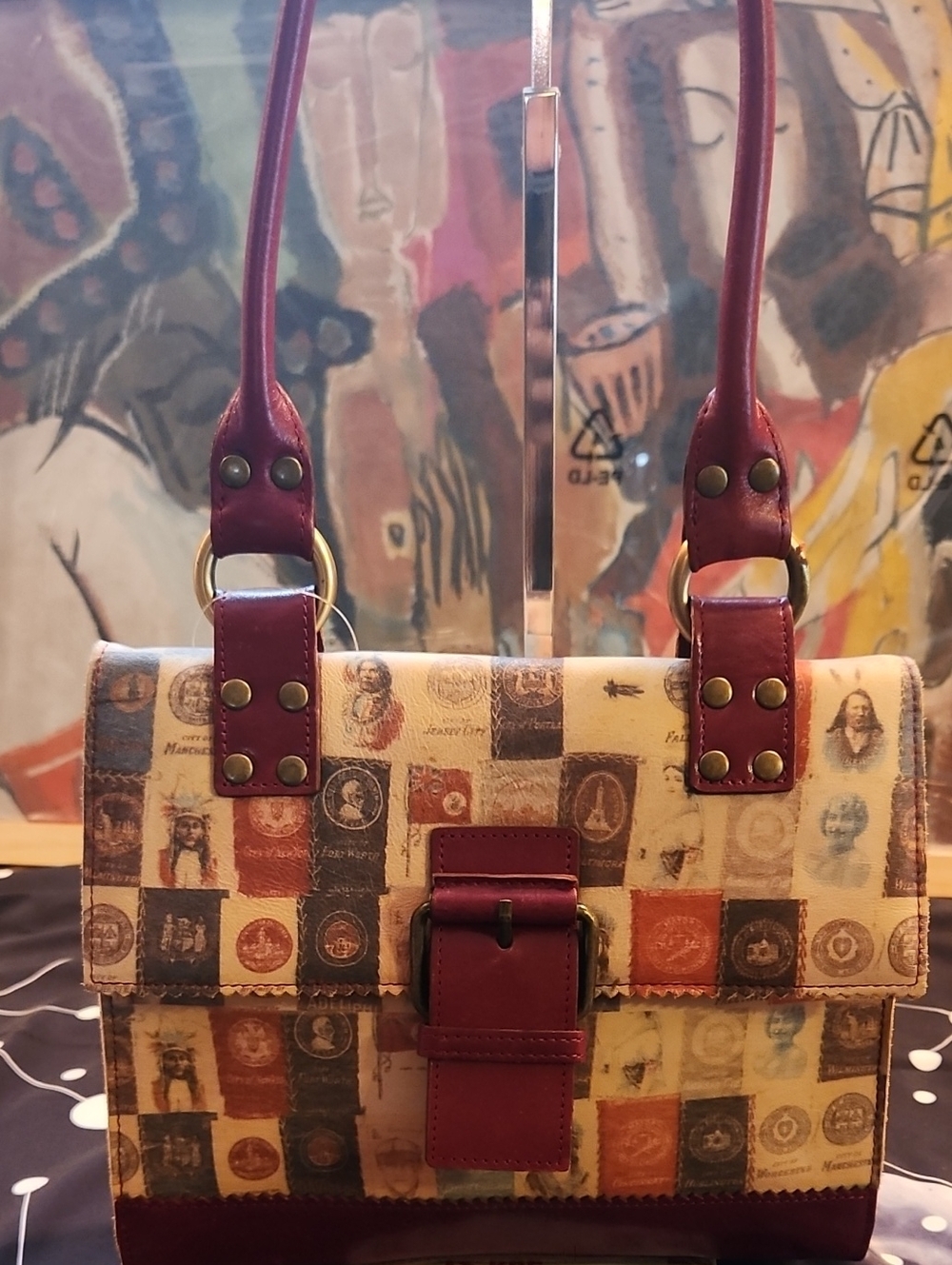 Vintage Stamps Print Shoulder Bag in Burgundy